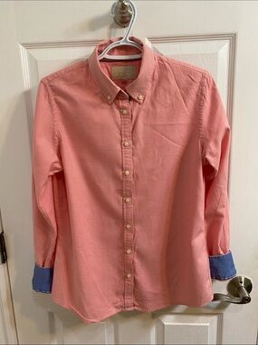 Banana Republic Oxford Button Down Shirt Peach Blue Cuffs Cotton Women’s Medium